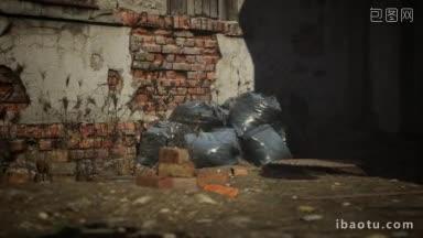 黑色垃圾堆砌破旧废弃工业工厂